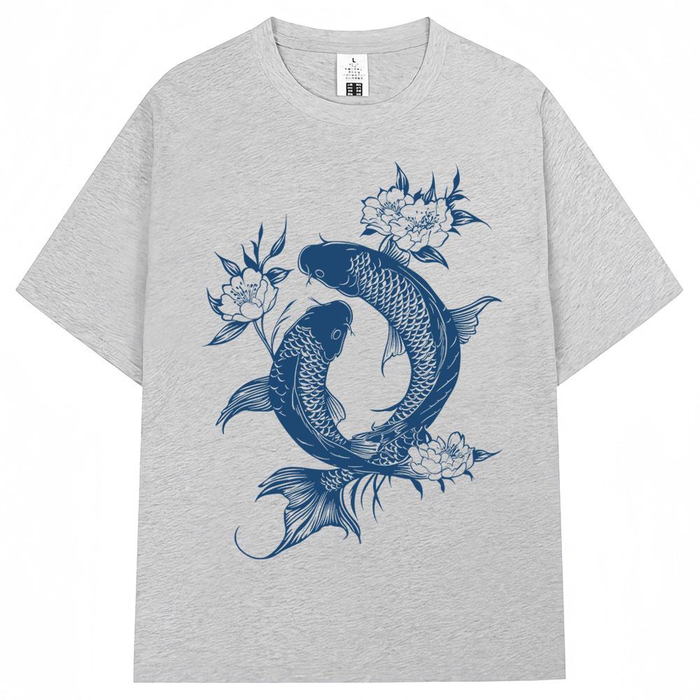 Japanese Koi Fish Tokyo Style Graphic T-shirt Fashion Vintage Summer T-shirts Oversized Cotton Casual Tees Streetwear