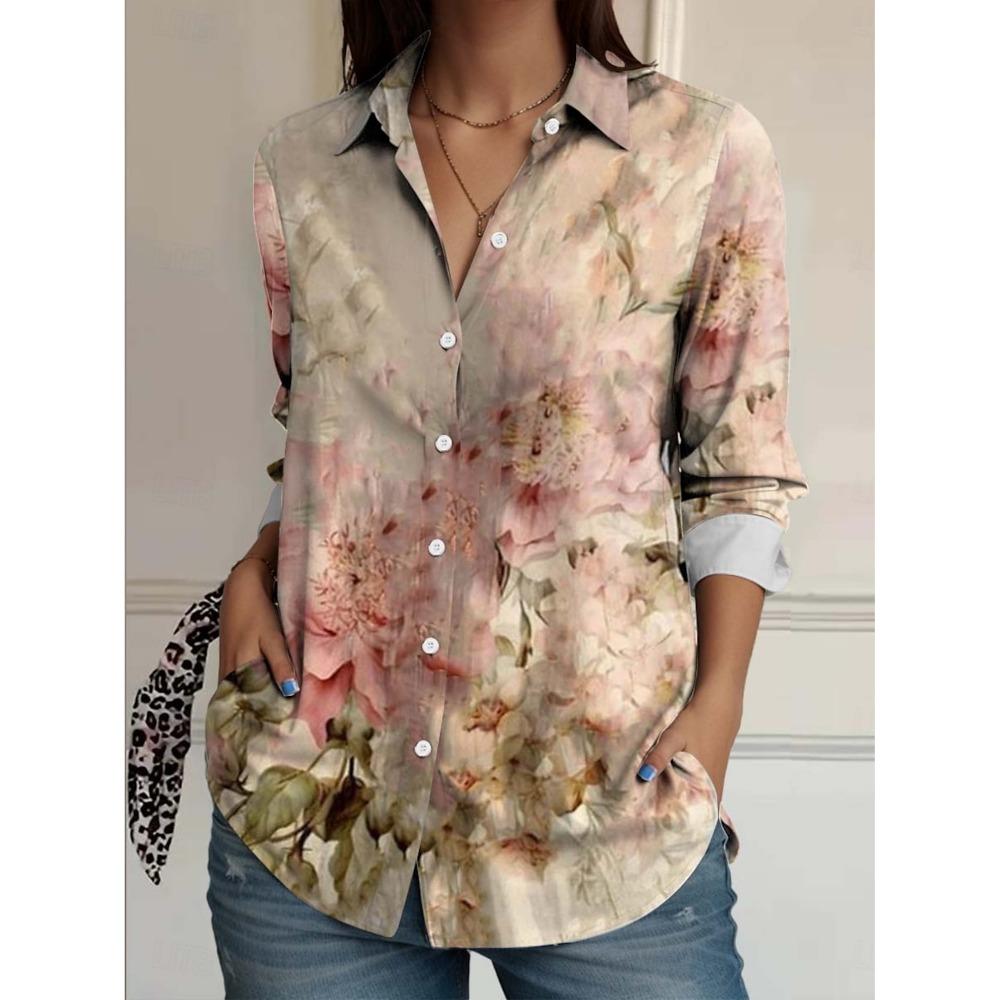 2025 Women's Shirt Flower Active Stylish Blouse Lapel Neck Blouse Women's Long Sleeve Shirts