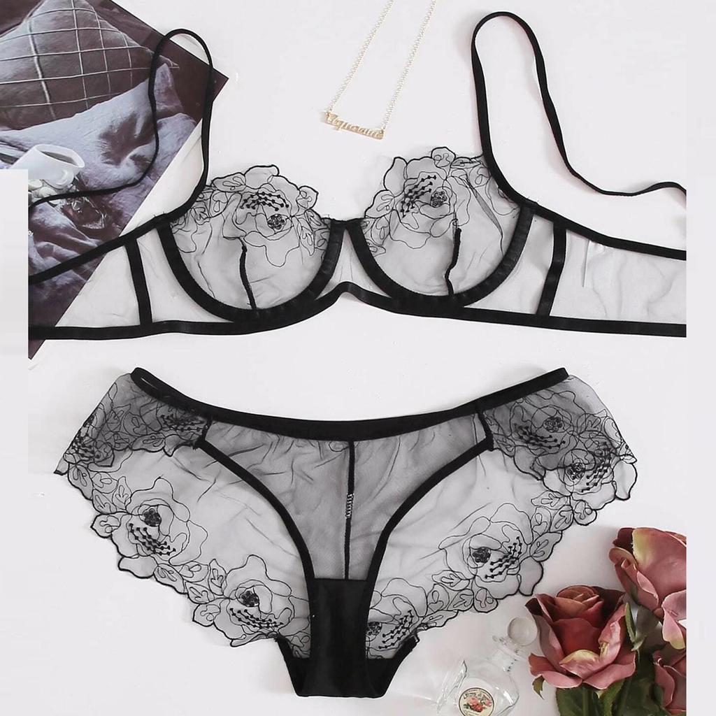 New Women's Sexy Bras and Panties Lace Flower Mesh Embroidered Sheer Lingerie Set