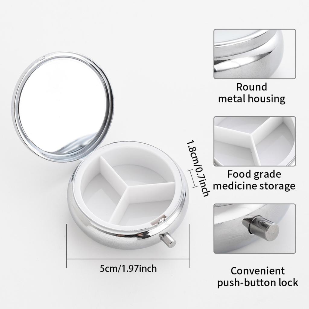 Portable Pill Box with 3 Compartments, Mini Metal Medicine Organizer Case, Cute Printed Pill Container for Vitamins, Pills, Jewelry, Travel, Daily Use