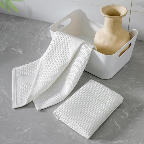 FOXNOV Absorbent Microfiber Dishcloths for Kitchen, Dish, and Glass Wiping (45 x 37cm) - Hotel-Grade, Commercial Use, White (Set of 3) - Perfect as a