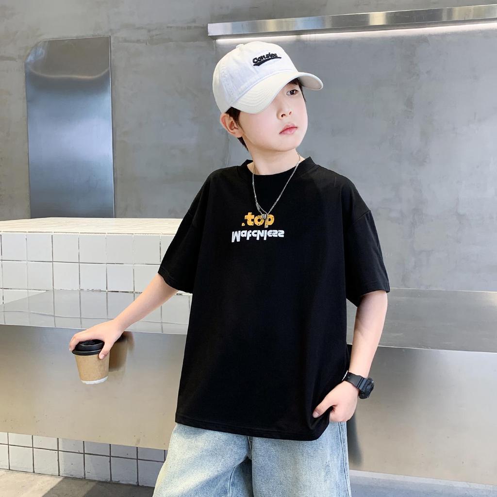 Boys' Trendy Cool Hat Print Short Sleeve Loose Top for Summer 2026 - Medium & Large Sizes
