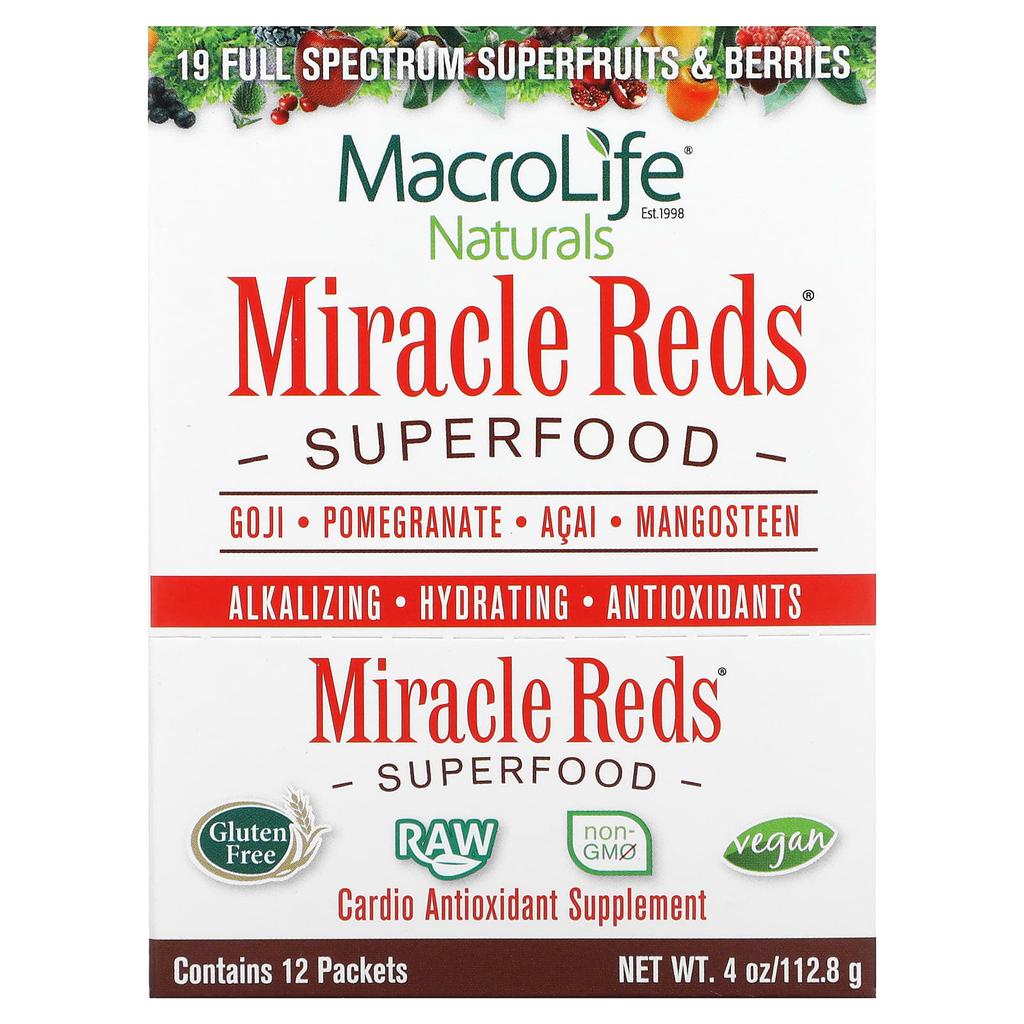 Macrolife Naturals Miracle Reds, Superfood, Goji Berry, Pomegranate, Acai, Mangosteen, 12 Packs, 0.3 Oz (9.5 G) Each