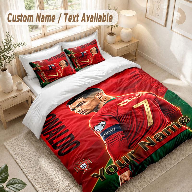 Benutzerdefinierter Name Bettwäsche-Set 3 Teile Cristiano Ronaldo Druck Bettbezug + 2 Kissenbezüge Weiche Bettdekoration