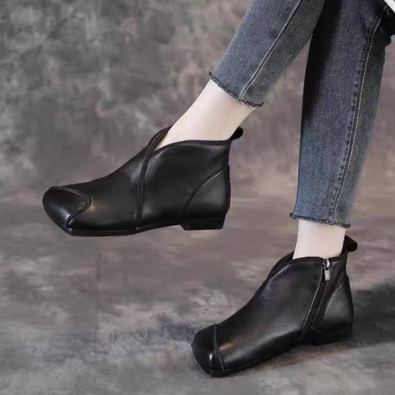 Модные зимние новые плоские ботинки женские квадратные с боковой молнией мягкая подошва нескользящие износостойкие удобные короткие ботинки