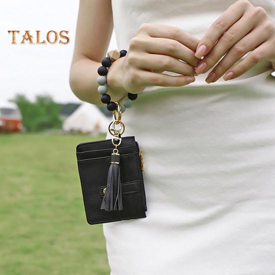 Брелок на запястье с блокировкой RFID и 6 отделениями для карт, браслет с кисточками и бусинами, брелок из искусственной кожи