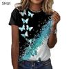 2023 New Butterfly Lady T-shirt 3D Floral Print Round Neck Casual Niche Design Sense Clothing Female Pattern Lovely Short Sleeve