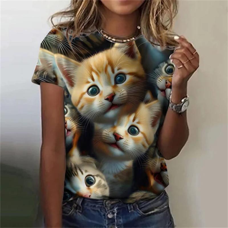 Модная женская футболка с 3D принтом Kawaii Cat Pattern, топ с короткими рукавами и круглым вырезом, летняя уличная повседневная уличная простая одежда
