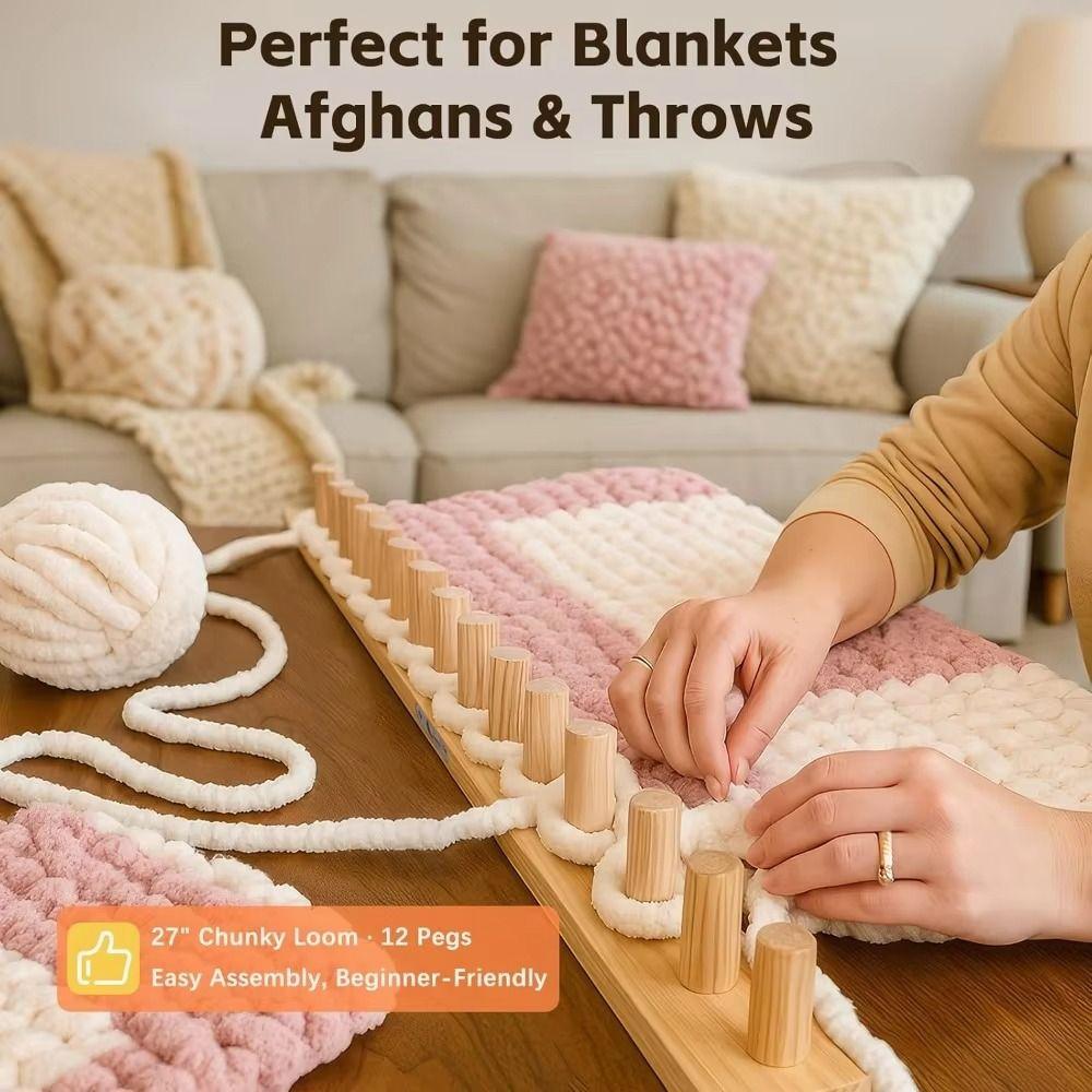 12 Pegs Chunky Knitting Blanket Loom Adjustable Modular Design Wooden Knitting Loom Kit Detachable 2 Boards Weaving Loom Frame