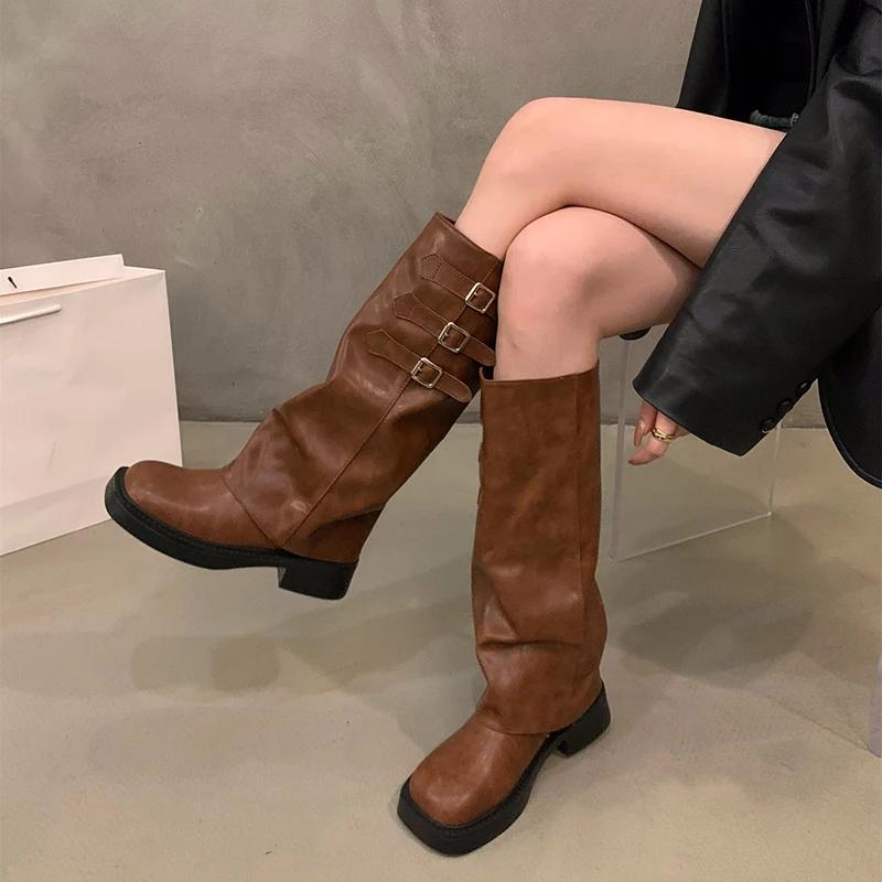 Retro Style Knee High Boots Women Fashion Ladies Slip On Knight Long Boots Autumn Winter Women'S Footwear