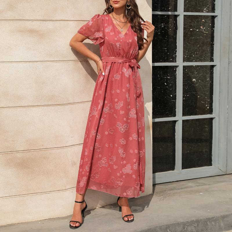 GMXIA Весна/лето Женское платье с V-образным вырезом и высокой талией, с завязками, с жаккардовым разрезом, длинные платья с короткими рукавами