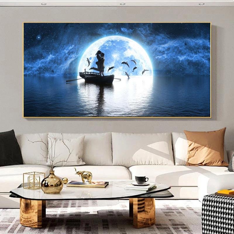 Пейзаж Луна и красивое небо Корабль в море Холст Картина Плакаты и принты Настенная картина Гостиная Домашний декор без рамки
