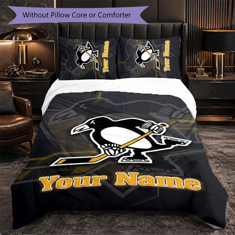 Постельное белье с индивидуальным именем Pittsburgh Penguins, 1 пододеяльник и 2 наволочки, персонализированный подарок для спальни