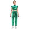 Girls Hip-Hop Dance Costume Mock Neck Rhinestone Mesh Patchwork Sleeveless Metallic Ruffle Top Paired with Shiny Cargo Pants for Competition