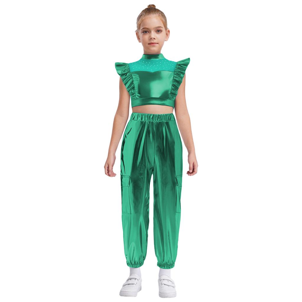 Girls Hip-Hop Dance Costume Mock Neck Rhinestone Mesh Patchwork Sleeveless Metallic Ruffle Top Paired with Shiny Cargo Pants for Competition