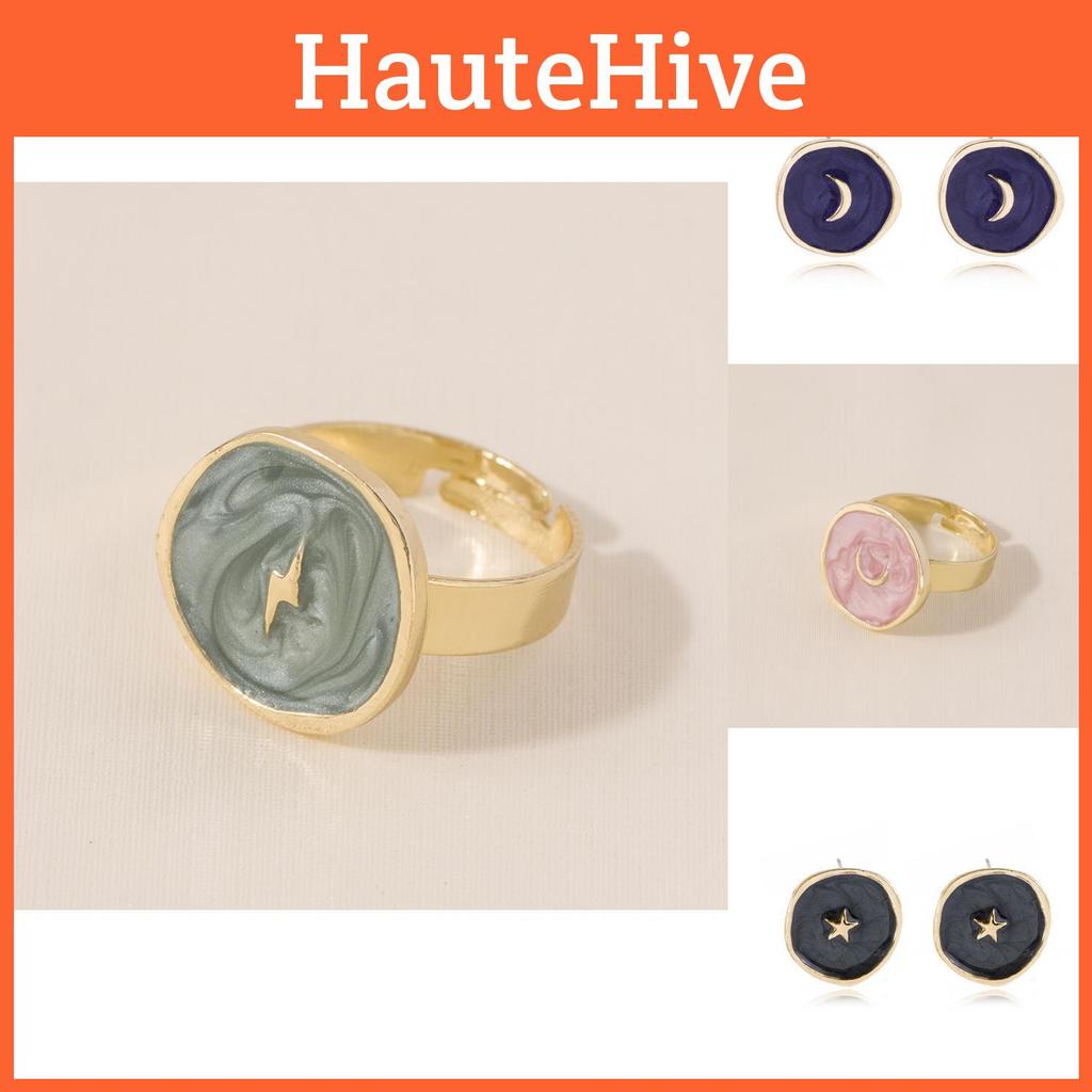 Элегантный набор украшений: серьги-кольца, ожерелье, кольцо с сердечками, луной и звездами, геометрический, из сплава с покрытием