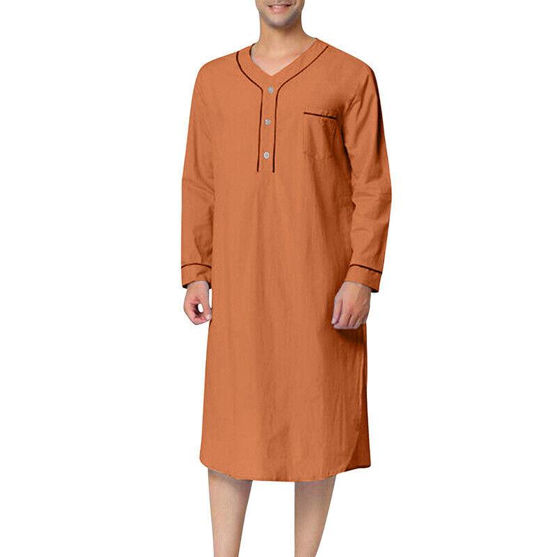 Men Kaftan Loose V Neck Long Sleeve Nightgown Pajamas Comfy Sleepwear Top Shirt Homewear Robe Casual Long Nightdress