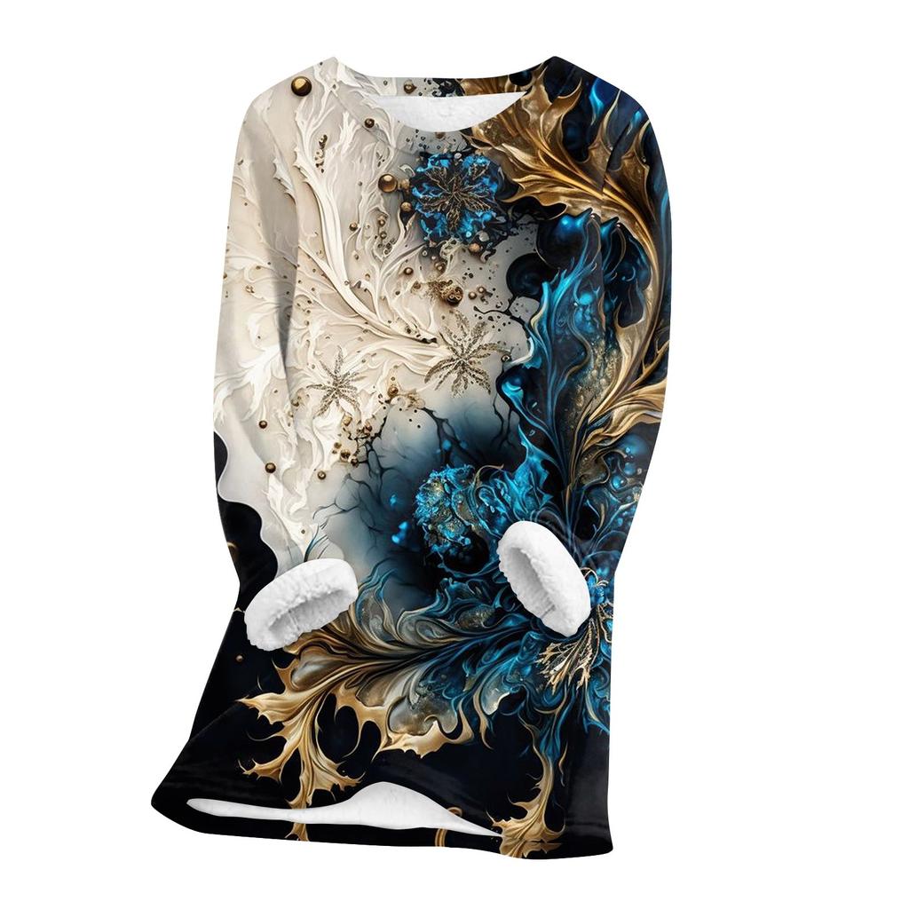 Женский топ с круглым вырезом и принтом из утолщенного плюша и кашемира, теплый длинный топ