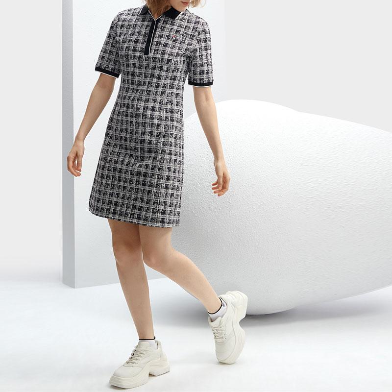 Fila SS24 Гусиная лапка Водолазка Тканое Повседневное Модное Платье Женские Платья Легендарный-Синий F11W411302F-NV