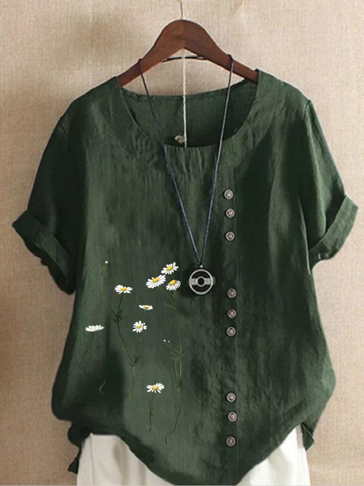 Cotton and Linen Printed T Shirt Tops Women's Summer Loose T Shirt Shirts