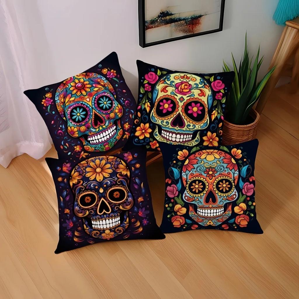 Spooky Halloween Pillow Covers 45x45cm - Colorful Sugar Skull Printed Cushion Cases, Pillow Cover for Sofa Living Room