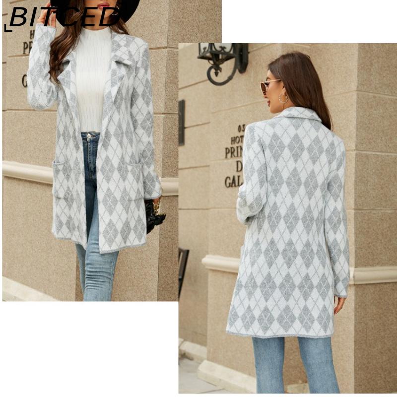 BITCED Autumn/Winter Long-Line Sweater: Colour-Blocked Houndstooth Knit Cardigan with Elegant Commuter Style Tailored Blazer with Suit Collar