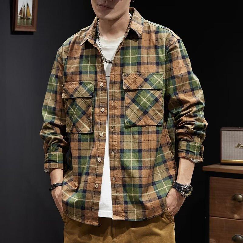 Мужская рубашка с лацканами в стиле ретро, осенняя, мужская универсальная клетчатая куртка с длинными рукавами