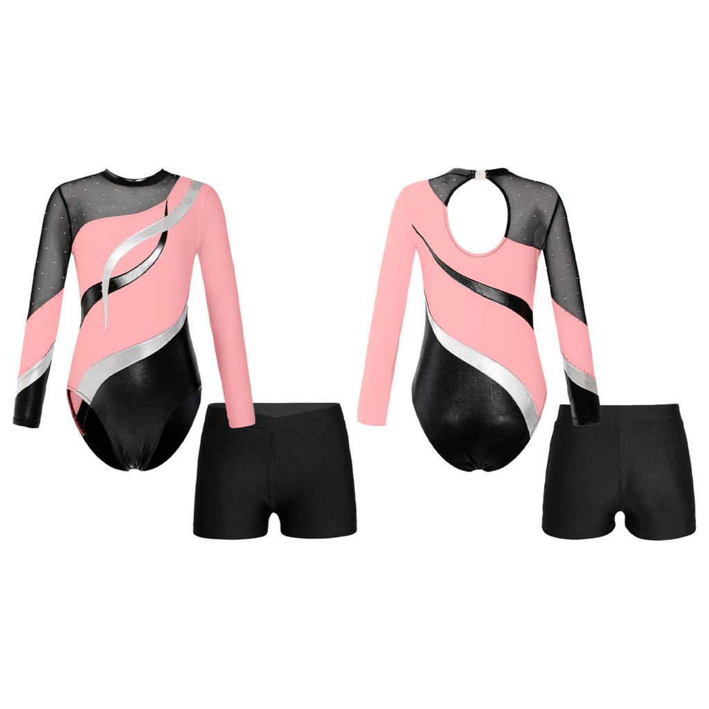 Kids Girls Gymnastics Leotard Glitter Bodysuit Long Sleeve Shiny Rhinestones Decorated Jersey with Shorts Dance Costume
