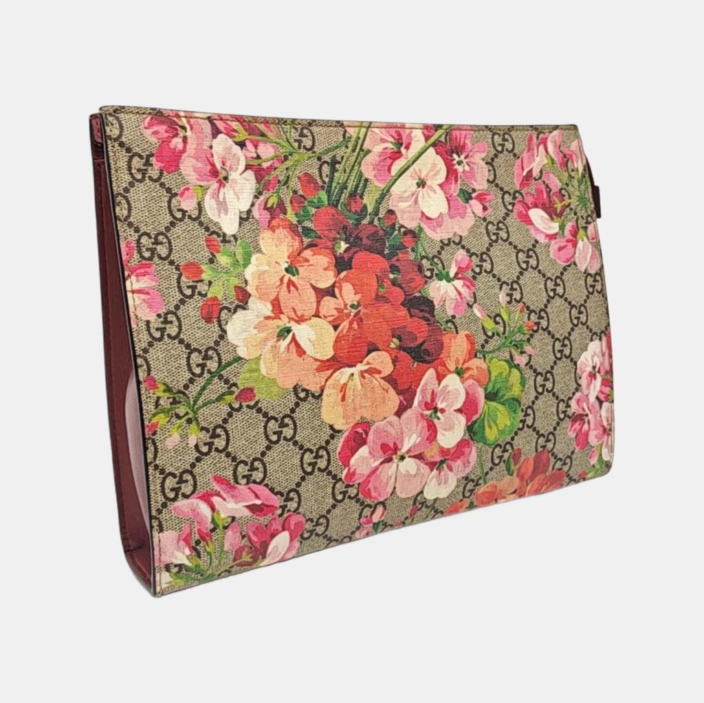 [Pre-Owned] GG Blooms Logo Canvas And Leather Clutch Bag Large - Very Good #184M48X