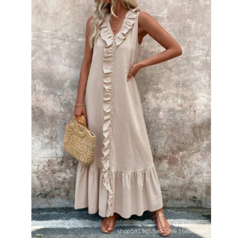 Women'S Spring And Summer Bohemian Maxi Dresses, Solid Color V-neck Sleeveless Pleated Hem Smoked Long Dress