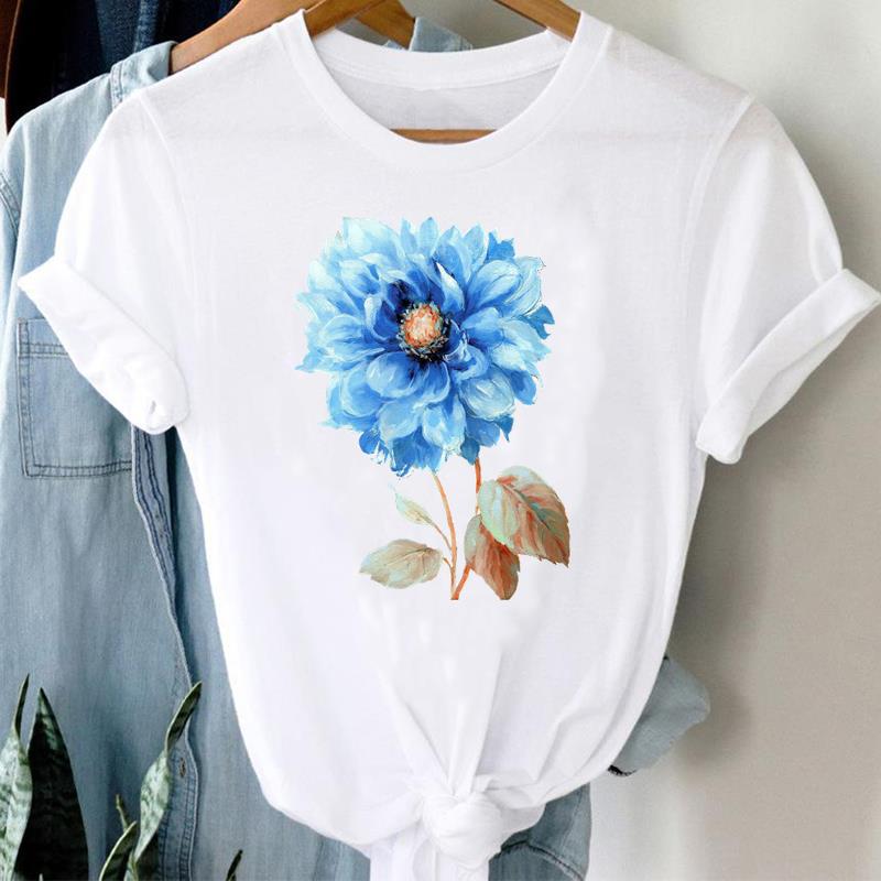 (Азиатский размер) Женская футболка с милым цветочным принтом, милая женская футболка 90-х годов, верхняя одежда, повседневная модная футболка с короткими рукавами, женские футболки с графическим рисунком