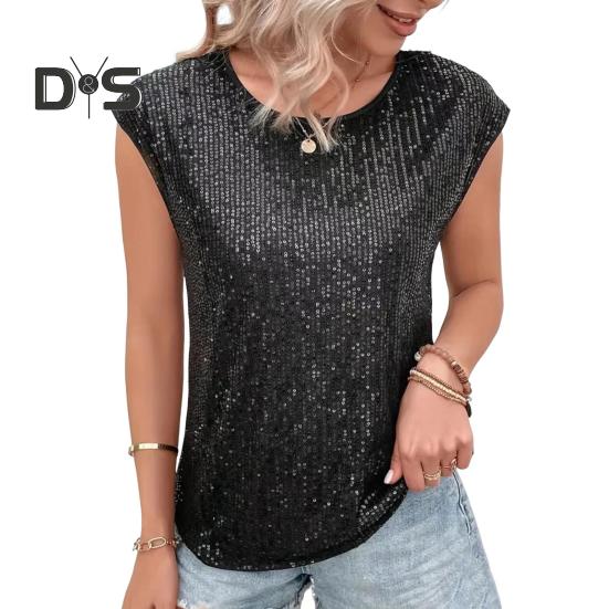 Женская футболка с круглым вырезом без рукавов свободного кроя футболка с блестящими пайетками повседневные футболки стандартного кроя топ повседневная одежда