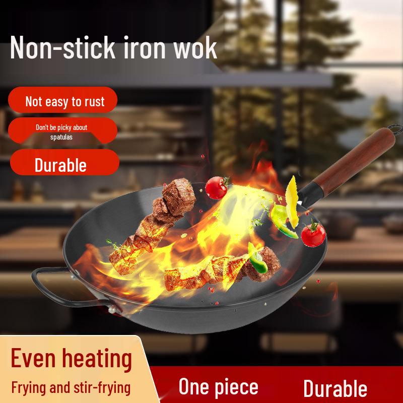 Чугунный вок с круглым дном Jiuhuang с антипригарным покрытием - Без покрытия, Защищен от ржавчины, Не требует приправ