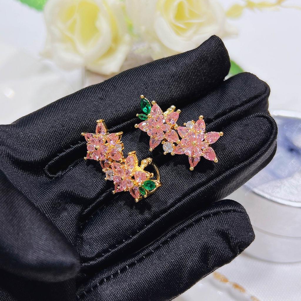 Новый роскошный зажим для ушей с розовым бриллиантом и вишней, штамп 925, высококачественные модные серьги с цветком и цирконием, ювелирные изделия, оптовая продажа