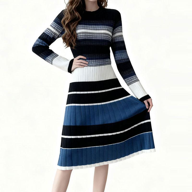 Женское винтажное полосатое вязаное платье-свитер, модное платье средней длины, осенне-зимняя теплая одежда