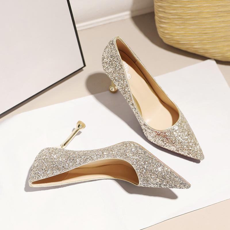 Main Dress Wedding Shoes Hexiu Wedding Dress Two Wear Bridal Shoes Women's 2025 New Golden Crystal High Heels Are Not Tired of Wedding