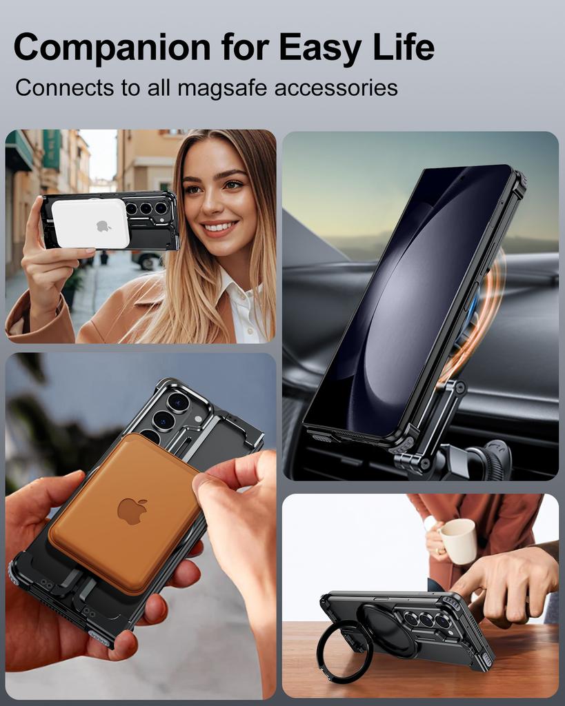 Металлическая магнитная чехол-книжка Oatsbasf для Samsung Galaxy Z Fold 7 с подставкой, вращающейся на 360°, для беспроводной зарядки Magsafe, безрамный