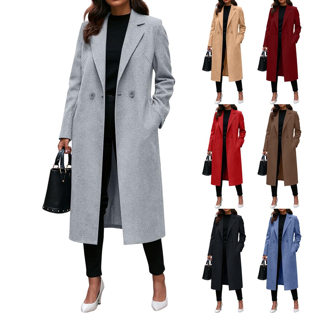 Women's Fashionable Solid-color Lapel Long-sleeved Woolen Coat