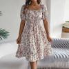 Women's Fashion Floral Print Square Neck Short Sleeve Waisted Ruffled A-Line Skirt