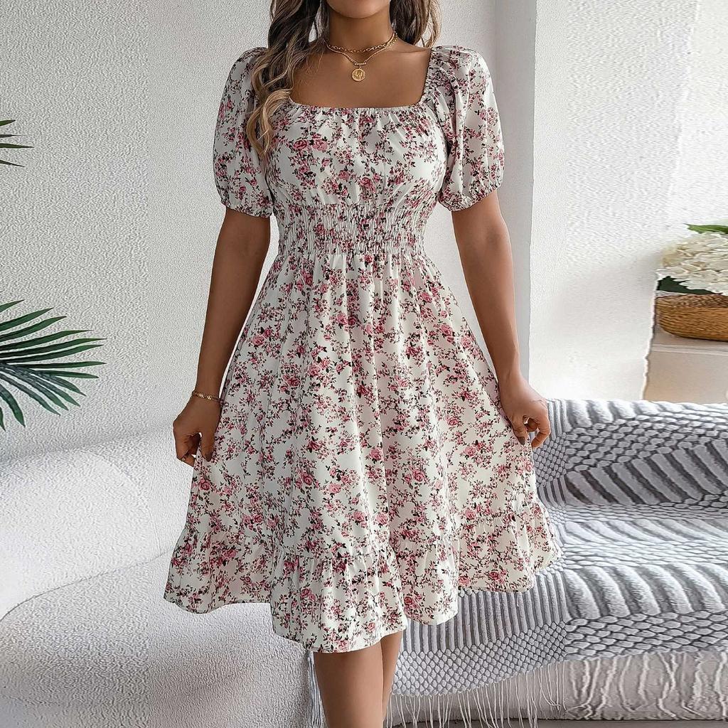 Women's Fashion Floral Print Square Neck Short Sleeve Waisted Ruffled A-Line Skirt