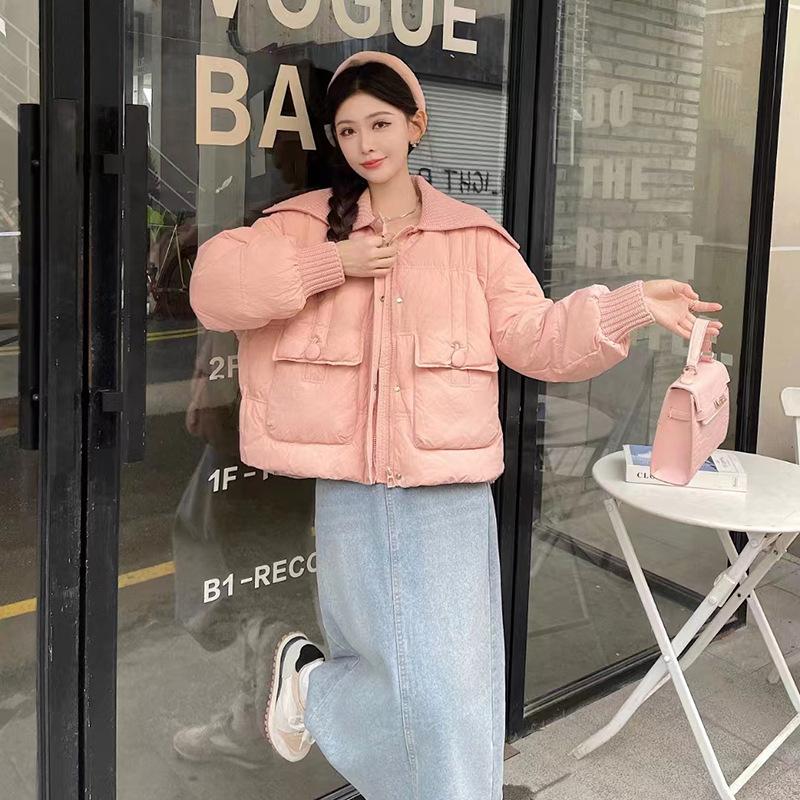 Knitted lapel down jacket women's short 2024 winter fashion splicing warm white duck down small trendy coat