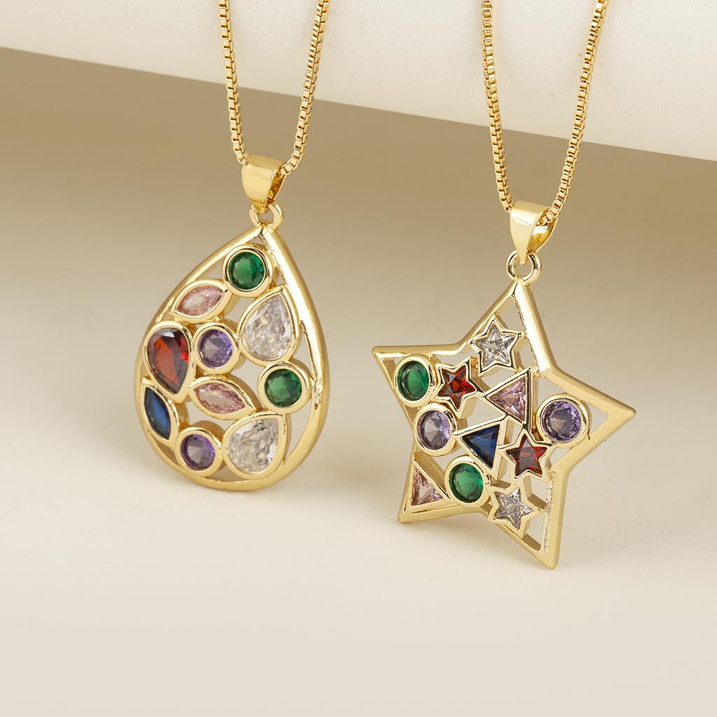 Nidin Hot Sale Round/Water drop/Star Shape Full Colorful Zircon Charm Pendant Necklace For Female Elegant Aesthetic Jewelry Gift