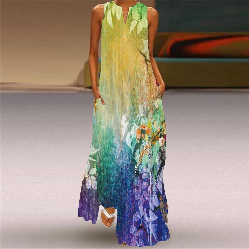 QICED Summer Women's Sleeveless Long V-Neck Printed Jade Flower Dresses