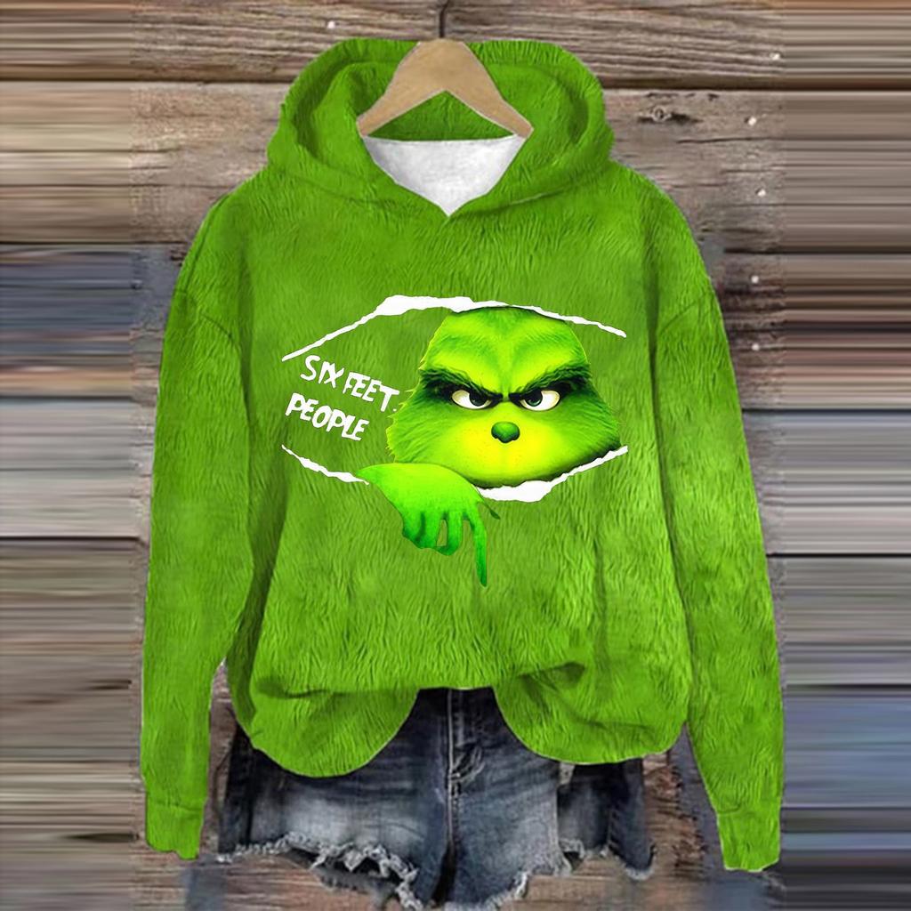 Женская модная повседневная толстовка с капюшоном и длинным рукавом из фланели с рождественским принтом