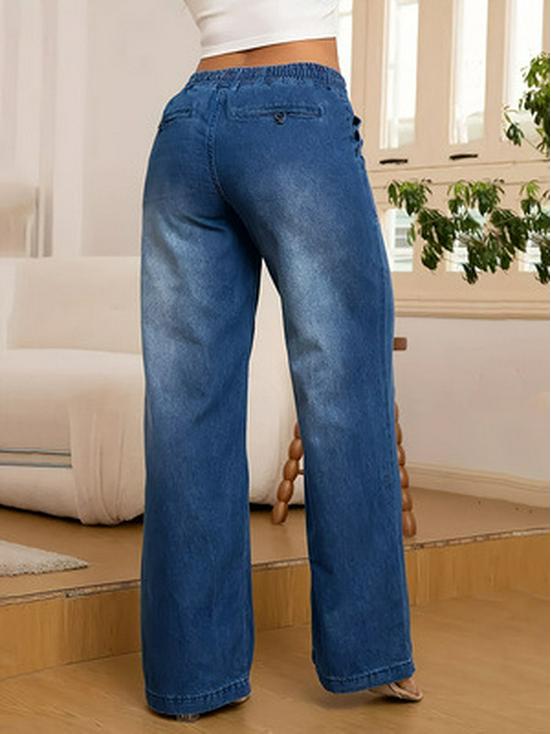 Women's Retro High Waist Wide Leg Drawstring Jeans - Washed Loose Fit Straight Leg Pants