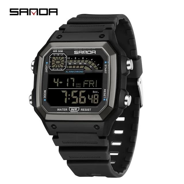 SANDA 6196 Цифровые мужские часы Силиконовый ремешок Квадратные электронные часы Светодиодный будильник Таймер обратного отсчета Двойное время Водонепроницаемые Спортивные повседневные часы