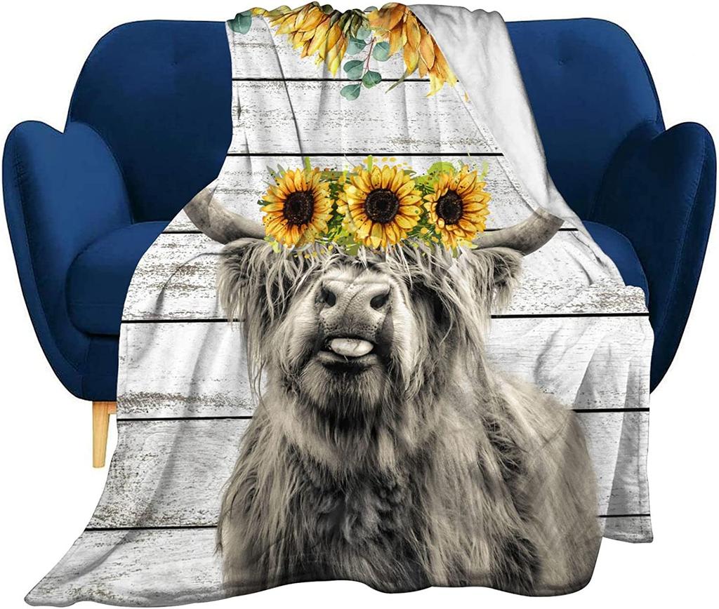 Cute Cow Blanket Super Soft Cow Print Flower Throw Blanket Lightweight Plush Flannel Blanket for Kids Adults Bed Sofa Living Room