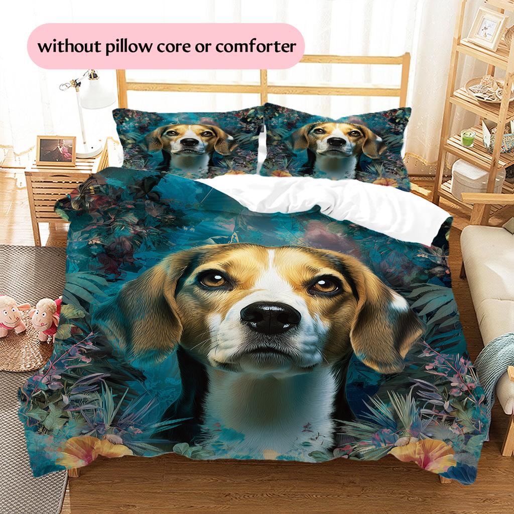 Beagle and Leaves Pattern Bedding Home Decoration Birthday Gift (1 * duvet cover + 2 * pillowcase, without core)