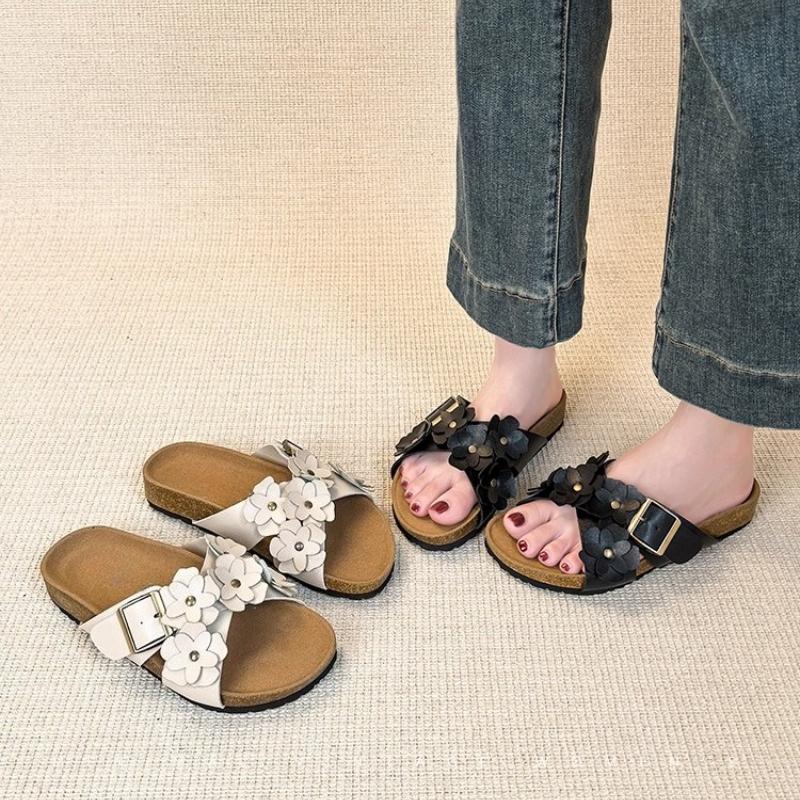 Fashion Sweet Flower Decoration Flat Slippers Women Retro Thick Bottom Cross Tied Slide Sandals Comfort Open Toe Designer Beach Sandals