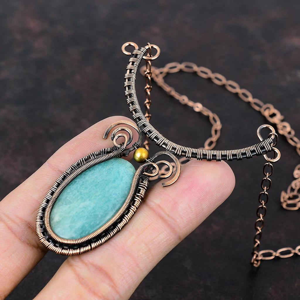 Ожерелье с амазонитом, медная проволока, ювелирные изделия из драгоценных камней, регулируемое ожерелье ручной работы, женские ювелирные изделия, ожерелье из медной проволоки, подарок для друга